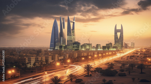 Dubai skyline at sunset, United Arab Emirates. Dubai is the fastest growing city in the world . photo