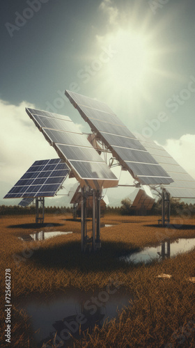 Solar energy in the field - digital composite of solar panels and sky