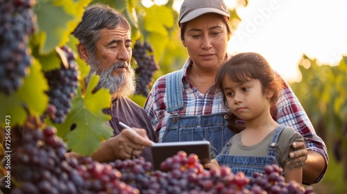 Senior woman working in vineyard with grandchild using modern technology tablet connect to digital world online market, healthy elderly 60s pensioner happy teaching girl to harvest in grape farm