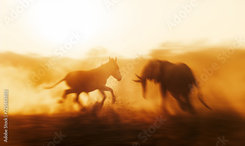 Donkey and elephant fighting at farmland during dusk, motionblur. The animals are symbols for the US election.
