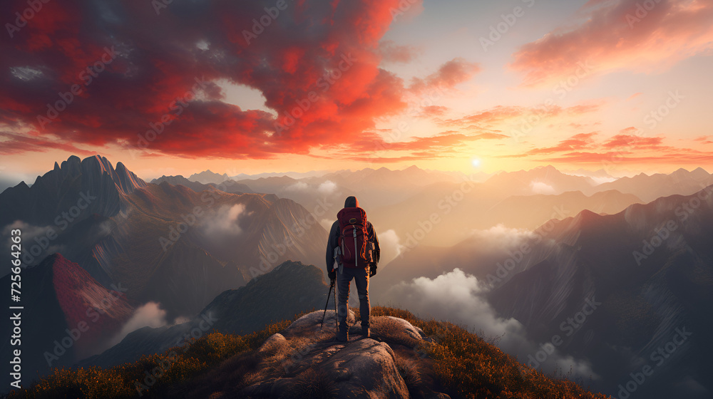 Group of hikers walks in mountains at sunset, travel in mountains at sunset, Trekking sul Lago di Como, family and friends hiking together in the mountains in the vacation trip week, ai generated