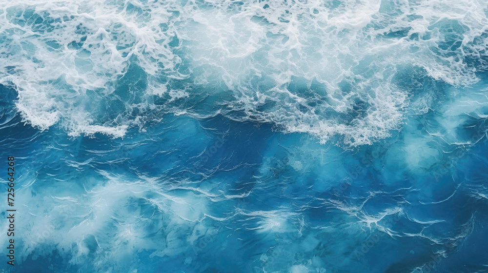 Fototapeta premium Sea wave background. Top view of blue ocean water with foam .