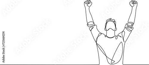 continuous single line drawing of cheering man with raised arms, line art vector illustration