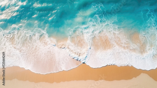 Aerial view of beautiful sandy beach with turquoise ocean waves