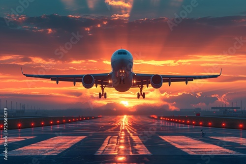 Experience the thrill of departure as a plane ascends into the sunset-lit sky from the airport runway. Ideal for conveying the excitement of travel and exploration. © Rathnayakamudalige