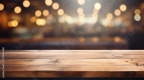 Empty wooden table and Coffee shop blur background with bokeh image .