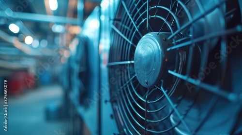 Close-up of a ventilation fan in operation within an industrial HVAC setup, focus on blade movement photo