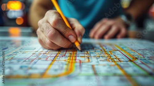 Close-up of a transportation engineer's hand sketching a mass transit network, with metro stations and bus routes photo