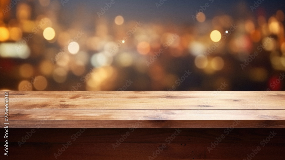 Empty wooden table against blurry cityscape at night with bokeh Empty wooden table against blurry cityscape at night with bokeh