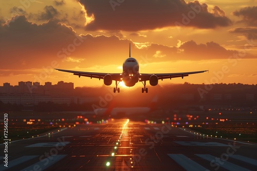 Witness the majesty of aviation as a plane gracefully takes off from an airport against a stunning sunset sky backdrop. Perfect for travel and adventure themes.