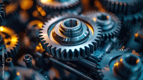 Close-up of mechanical gears and components, intricate engineering design, metallic textures, workshop environment photo