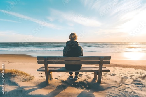 Capture solitude and contemplation as a person enjoys the tranquil beach scenery from a wooden bench. Ideal for conveying relaxation and peace by the sea.