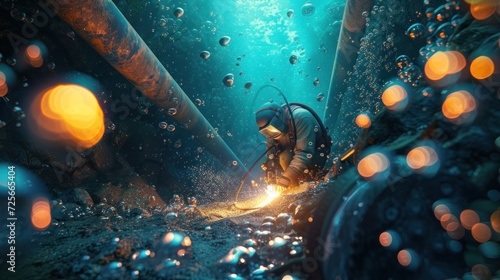 Detailed view of an underwater welder repairing a pipeline, surrounded by bubbles and underwater lighting