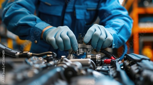 Detailed view of an engineer calibrating a high-tech prototype vehicle part, diagnostic tools in the foreground
