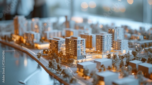 Macro shot of a detailed scale model of an urban redevelopment project, showcasing mixed-use buildings and pedestrian paths