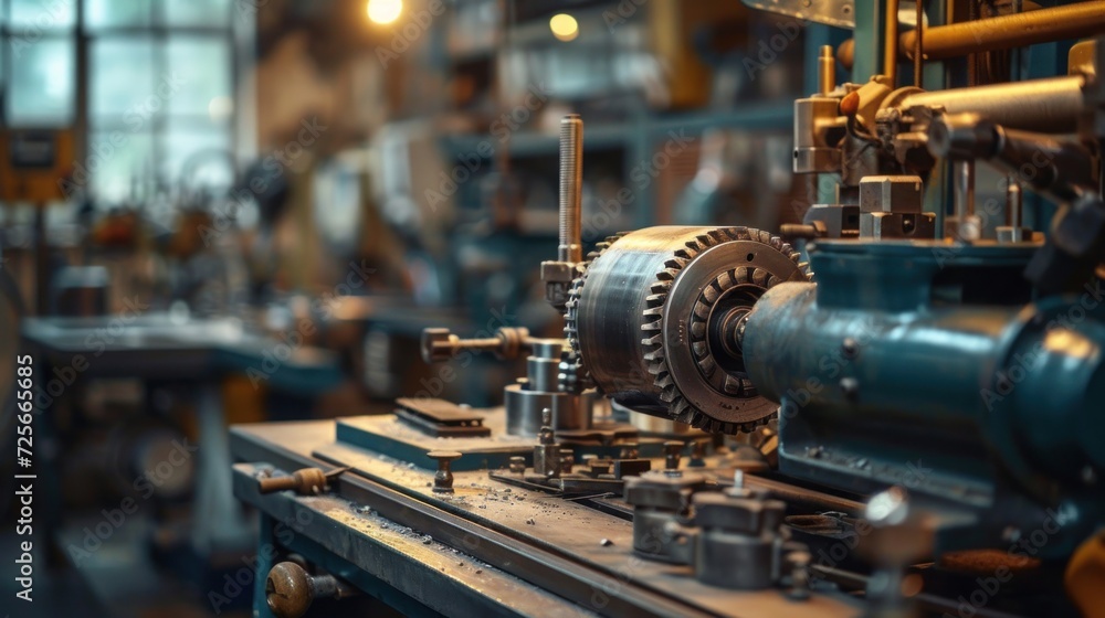 Old-fashioned mechanical workshop, vintage tools and machinery, close-up on the craftsmanship and engineering detail
