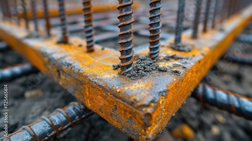Macro shot of steel rebar being laid in a foundation, showcasing the strength and structure in construction photo