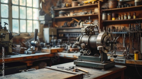 Old-fashioned mechanical workshop, vintage tools and machinery, close-up on the craftsmanship and engineering detail