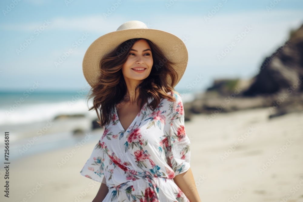 Portrait of a beautiful young woman in white dress and hat on the beach