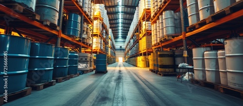Storing oil barrels and chemical drums in a warehouse. photo