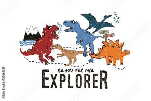 abstract shape and Vector set of 5 cute dinosaurs. Hand drawn seamless pattern with dinosaurs and abstract shapes. Colorful Dino design. Perfect for kids fabric. Cute dino design. Vector illustration.