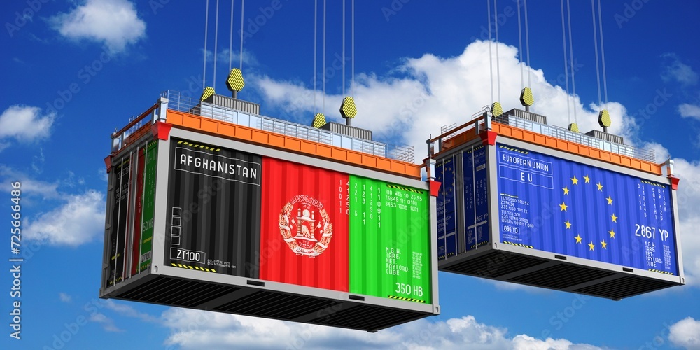 Shipping containers with flags of Afghanistan and European Union - 3D illustration