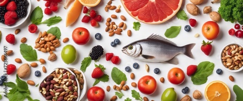 A set of healthy food. Fish, nuts, protein, berries, vegetables and fruits. On a white background