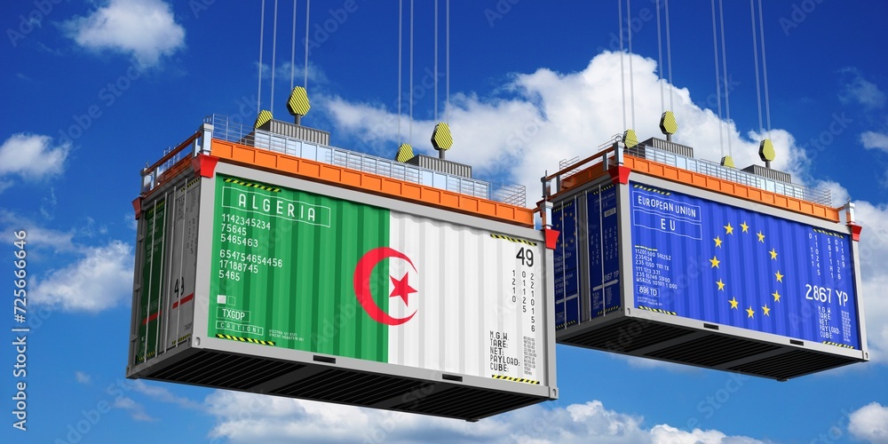 Shipping containers with flags of Algeria and European Union - 3D illustration Shipping containers with flags of Algeria and European Union - 3D illustration