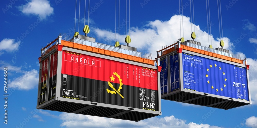 Shipping containers with flags of Angola and European Union - 3D illustration