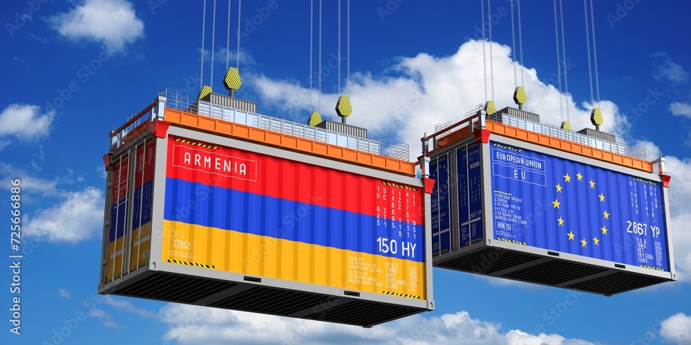 Shipping containers with flags of Armenia and European Union - 3D illustration