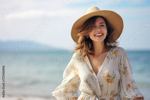 summer holidays, vacation, travel and people concept - smiling young woman in hat and dress on beach