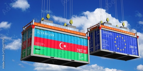 Shipping containers with flags of Azerbaijan and European Union - 3D illustration photo