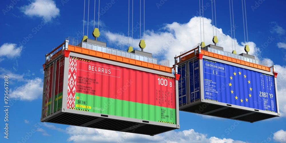 Shipping containers with flags of Belarus and European Union - 3D illustration