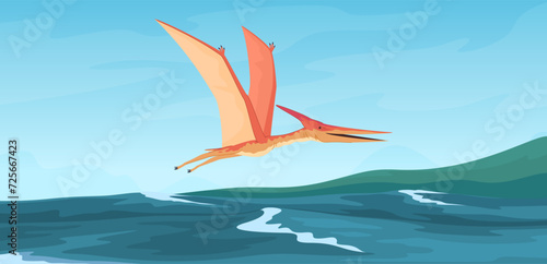 Prehistoric flying foot-and-mouth disease on the background of the sea. Cartoon colored dinosaurs. Prehistoric cold-blooded foot-and-mouth disease. Extinct large animals. Vector illustration