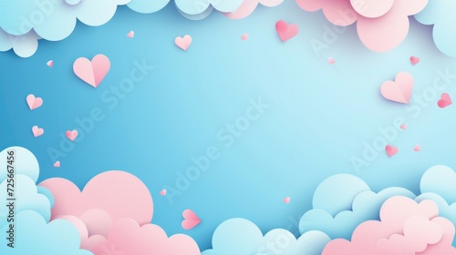 Horizontal banner with blue sky and paper cut clouds. Place for text. Happy Valentine's day sale header or voucher template with hearts. Rose cloudscape border frame pastel colors.