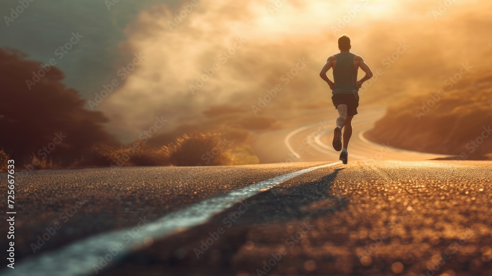 Image of a runner hurtling forward along the curve of the road. Cool light for the concept of aiming for future goals. Image of a runner hurtling forward along the curve of the road. Cool light for the concept of aiming for future goals.