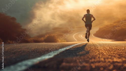Image of a runner hurtling forward along the curve of the road. Cool light for the concept of aiming for future goals.