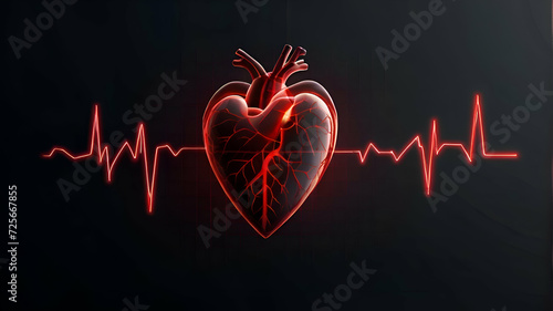 Abstract human heart shape with red cardio pulse line. Creative stylized red heart cardiogram with human heart on black background. Health, cardiology, cardiovascular diseases concept