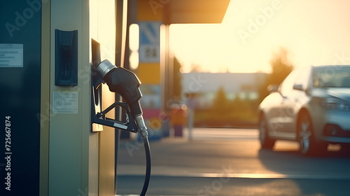 Pumping gas at gas pump. Closeup of man pumping gasoline fuel in car, color fuel gasoline dispenser, Close up of a hand holding fuel nozzle, Gas station at night, ai generated