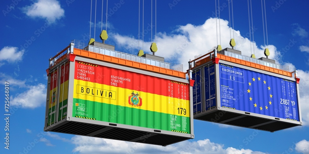 Shipping containers with flags of Bolivia and European Union - 3D illustration