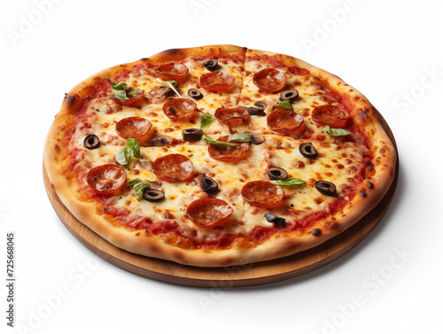 Authentic Italian pizza prepared with tomato sauce, melted mozzarella cheese, olives and sausage. Perfectly baked and served warm, embodying the culinary charm of Italy.