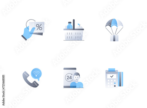 Comfortable shopping - flat design style icons set. High quality colorful images of customer discount card, percent, grocery basket, air delivery, phone call, payment terminal. Consumer society idea