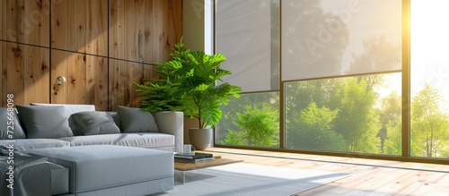 Large automatic solar shades on the window, along with wooden decor panels on the wall, green plants in hi-tech pots, and electric home curtains create a modern interior with roller blinds.