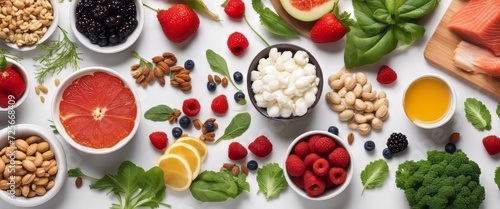 A set of healthy food. Fish  nuts  protein  berries  vegetables and fruits. On a white background