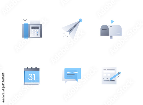 Nonverbal and business communication - flat design style icons set. High quality colorful images of fax and telephone, messenger and telegram, mailbox, calendar, correspondence and application