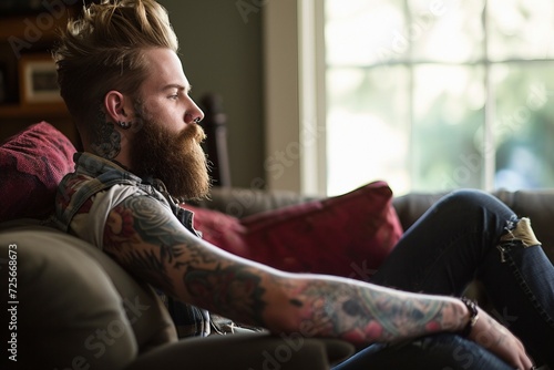 a man with tattoos on his arm and neck sitting on a couch photo