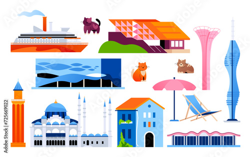 Resorts of Turkey - flat design style objects. High quality images of Suleymaniye Mosque  Antalya Aquarium  Chamlydzha TV Tower  Ozyegin university  Divan Kurucesme and Yivli Minaret buildings