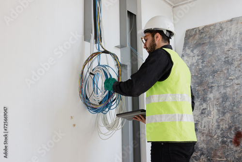 electrical engineers or technicians is professionally inspecting the wiring and systems in the building. Check electrical equipment to meet safety standards. Use a tablet to check buildings.