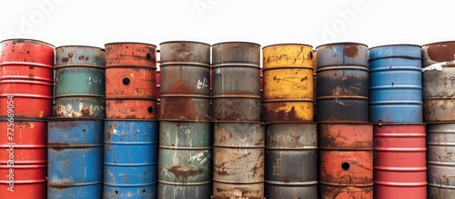 Stacked industrial drums or tank containers of dangerous waste, isolated with a clipping path.