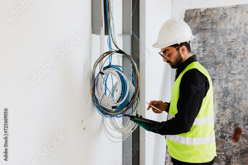 electrical engineers or technicians is professionally inspecting the wiring and systems in the building. Check electrical equipment to meet safety standards. Use a tablet to check buildings.